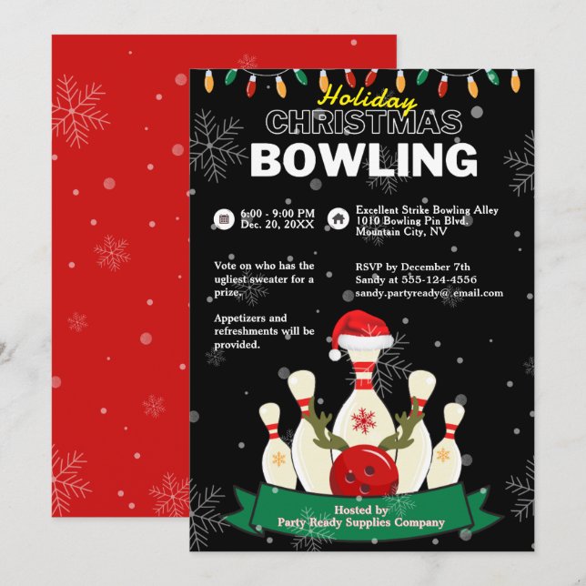 Holiday Christmas Bowling Black & Red Snow Party Invitation (Front/Back)