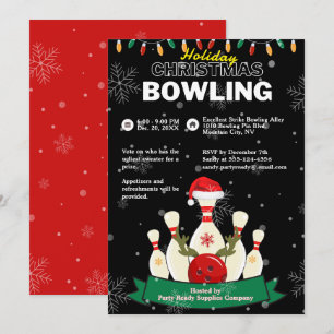 Holiday Christmas Bowling Black & Red Snow Party Invitation