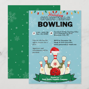 Holiday Christmas Bowling LT Blue Green Snow Party Invitation