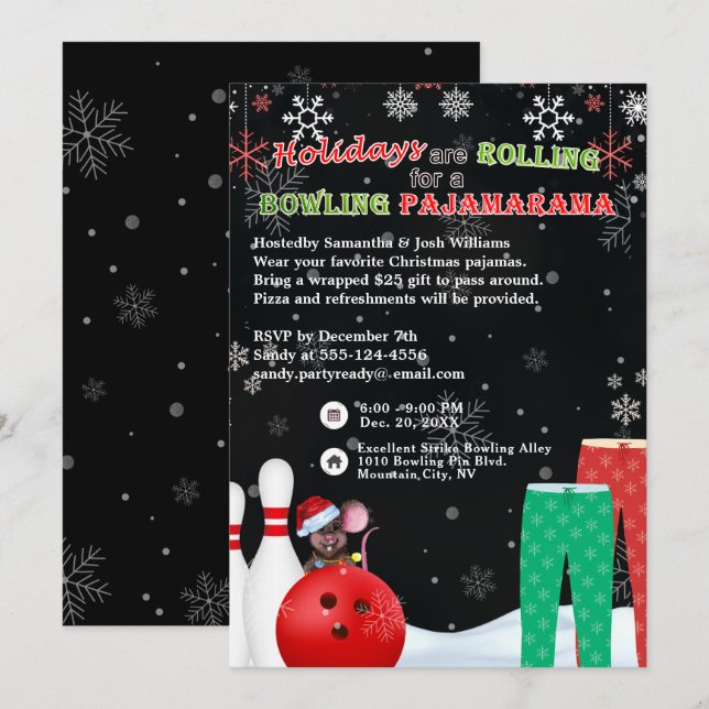 Holiday Christmas Bowling Pajama Pizza Party Black Invitation (Front/Back)