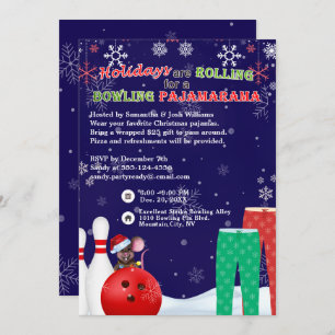Holiday Christmas Bowling Pajama Pizza Party Blue Invitation