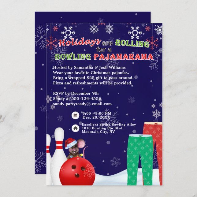 Holiday Christmas Bowling Pajama Pizza Party Blue Invitation (Front/Back)