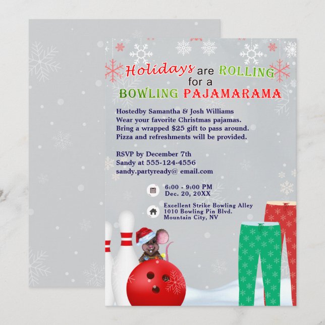 Holiday Christmas Bowling Pajama Pizza Party Grey Invitation (Front/Back)