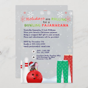 Holiday Christmas Bowling Pajama Pizza Party Grey Invitation