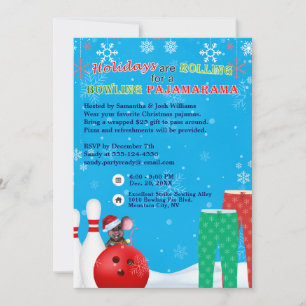 Holiday Christmas Bowling PJs Pizza Party Sky Blue Invitation