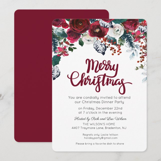 Holiday Christmas Burgundy Floral Party Invitation (Front/Back)