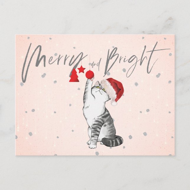 Holiday Christmas Cat Gifts Merry Bright Silver Postcard (Front)