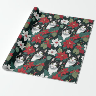 Holiday Christmas Cats And Poinsettias Wrapping Paper