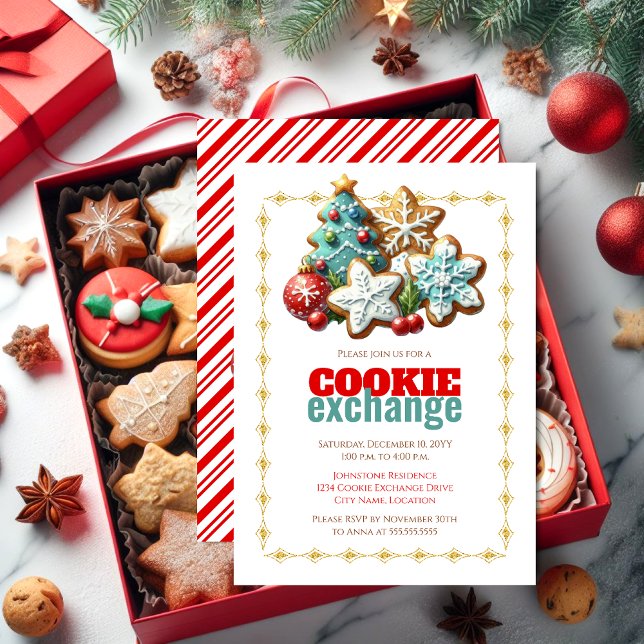 Holiday Christmas Cookie Exchange Party Invitation (Holiday Christmas Cookie Exchange party invitation front and back view.)