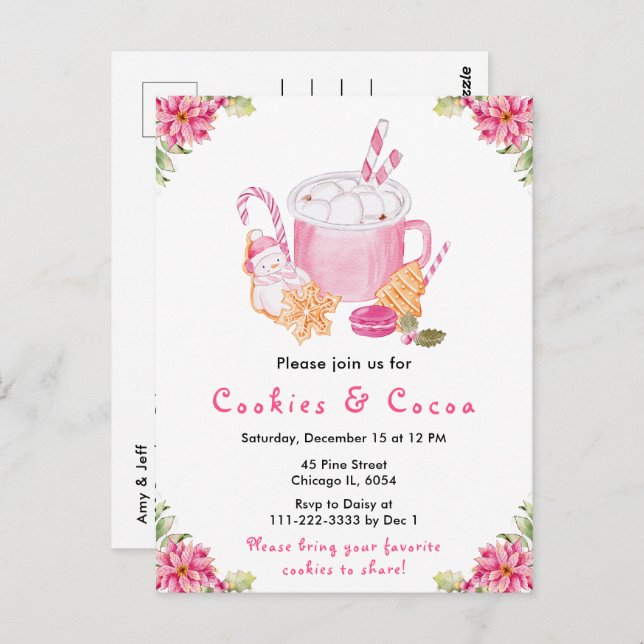 Holiday Christmas Cookies and Cocoa Pink Postcard (Front/Back)