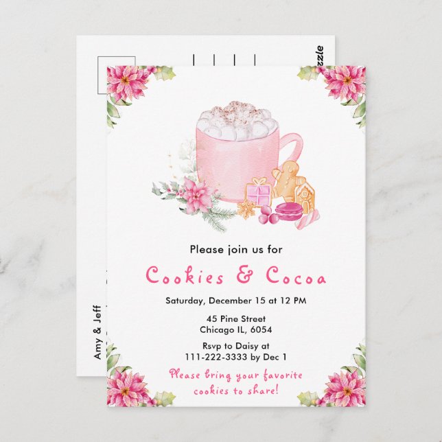 Holiday Christmas Cookies and Cocoa Pink Postcard (Front/Back)