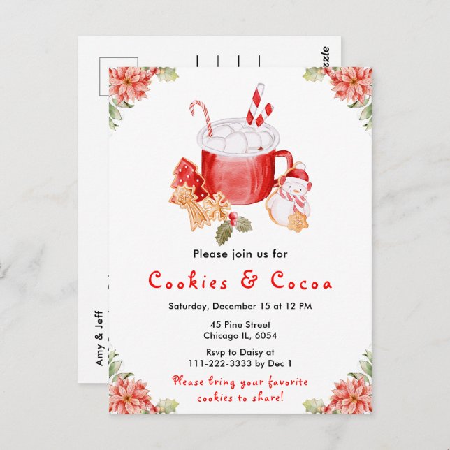 Holiday Christmas Cookies and Cocoa Red Postcard (Front/Back)