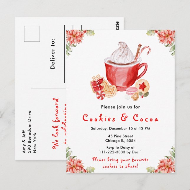 Holiday Christmas Cookies and Cocoa Red Postcard (Front/Back)