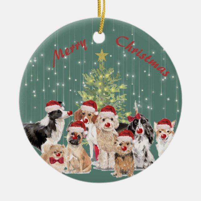 Holiday Christmas Dog Lovers Green Merry Santa Hat Ceramic Tree Decoration (Front)