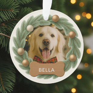Holiday Christmas Dog Photo Wreath Custom Name  Ornament