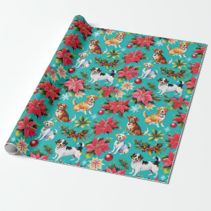 Holiday Christmas Dogs And Poinsettias Wrapping Paper