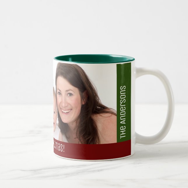 Holiday Christmas Family 1 Photo Add Name Two-Tone Coffee Mug (Right)