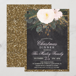 Holiday Christmas Floral Glitter Invitation
