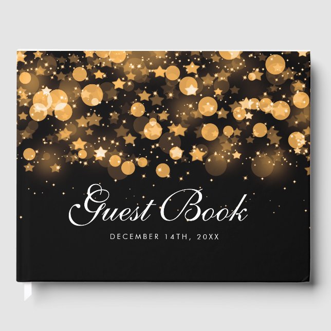 Holiday Christmas Gold Sparkling Stars Guest Book (Front)