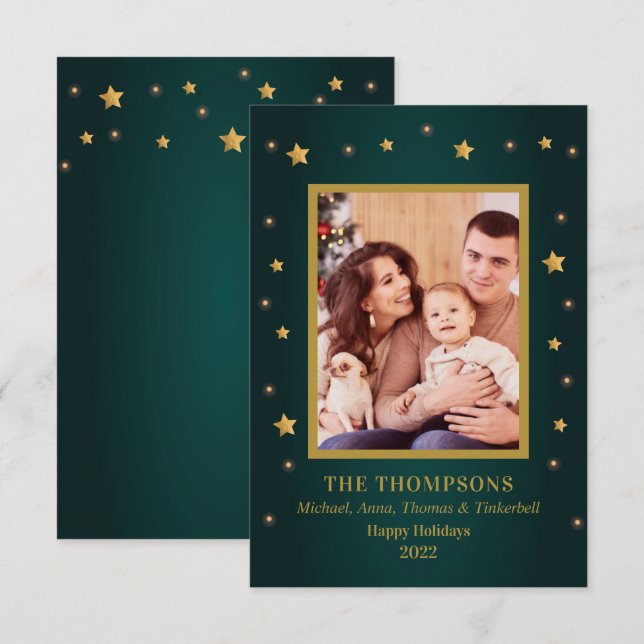 Holiday Christmas Gold Stars Family Photo card (Front/Back)