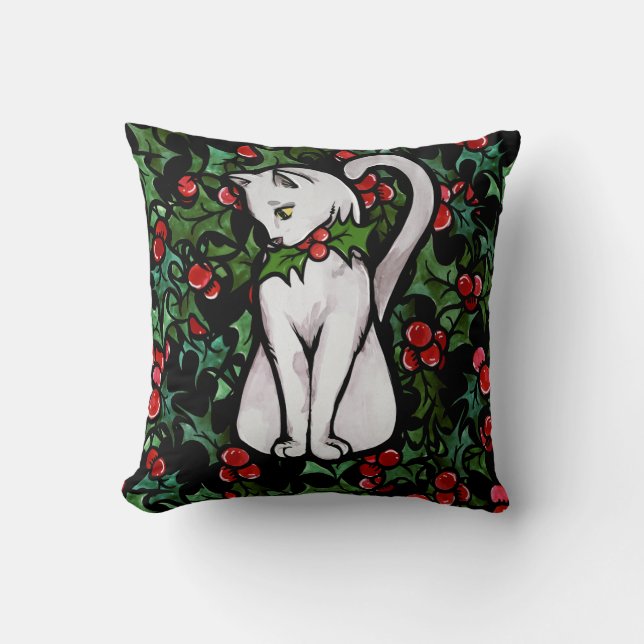 Holiday Christmas Holly White Cat Cushion (Front)