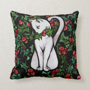 Holiday Christmas Holly White Cat Cushion