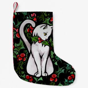 Holiday Christmas Holly White Cat Small Christmas Stocking
