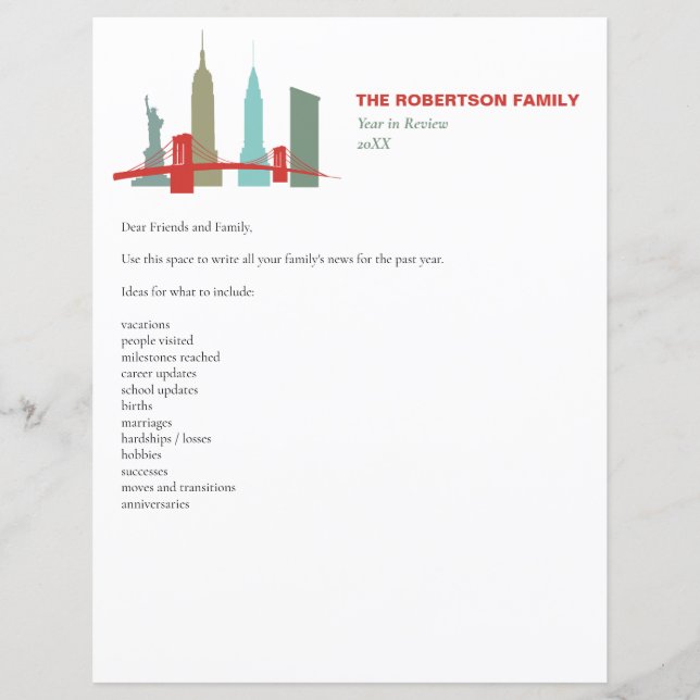 Holiday Christmas Letter Template New York Skyline (Front)