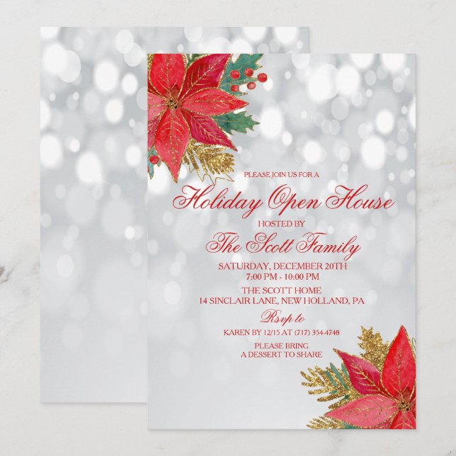 Holiday Christmas Open House Poinsettia Invitation (Front/Back)
