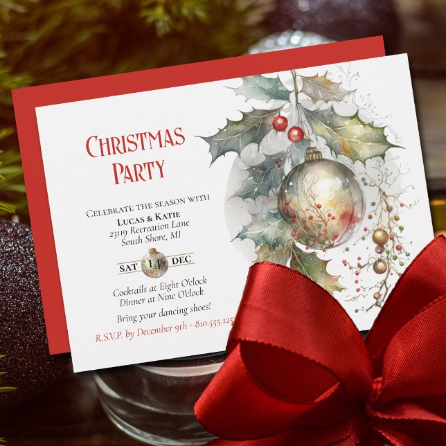 Holiday Christmas Party Holly Ornament Red Gold Invitation (Festive Holiday Party Invitation with beautiful watercolor elements.)