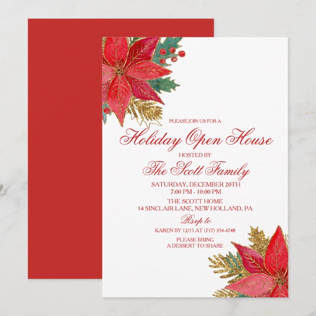 Holiday Christmas Party Poinsettia Invitation (Front/Back)