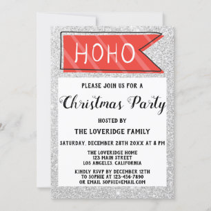 Holiday Christmas Party Red & Grey Silver Glitter Invitation
