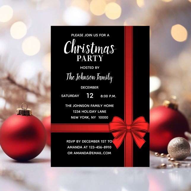 Holiday CHRISTMAS PARTY White Red Black Bow Invitation (Holiday CHRISTMAS PARTY White Red Black Bow Invitation)