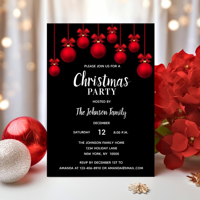 Holiday CHRISTMAS PARTY White Red Black Ornaments Invitation (Holiday CHRISTMAS PARTY White Red Black Ornaments Invitation)