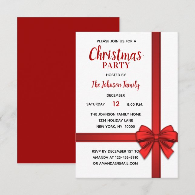 Holiday CHRISTMAS PARTY White Red Bow Gift Invitation (Front/Back)