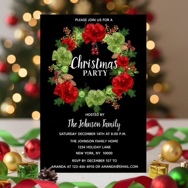 Holiday CHRISTMAS PARTY Wreath Black Red White Invitation (Holiday CHRISTMAS PARTY Wreath Black Red White Invitation)
