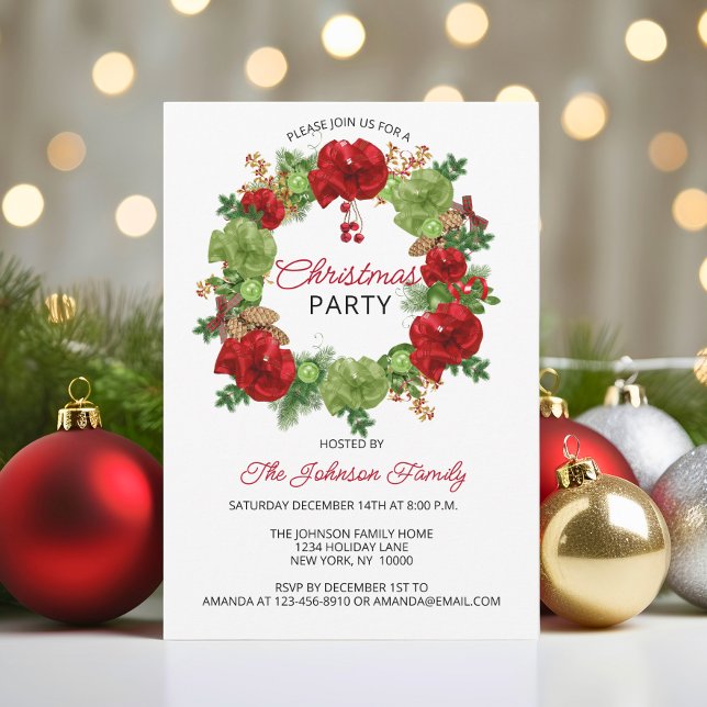 Holiday CHRISTMAS PARTY Wreath White Red Green Invitation (Holiday CHRISTMAS PARTY Wreath White Red Green Invitation)