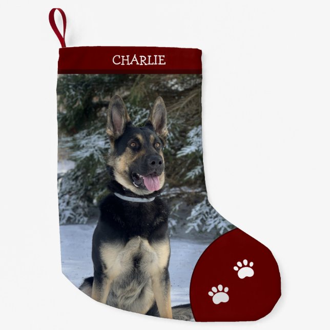 Holiday Christmas Personalised Pet Dog Photo Red Small Christmas Stocking (Front)