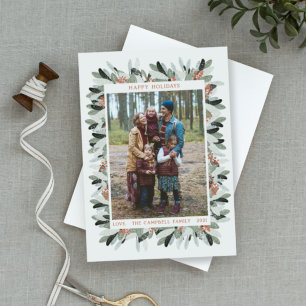 Holiday Christmas Photo Card Wreath Leaves Berries