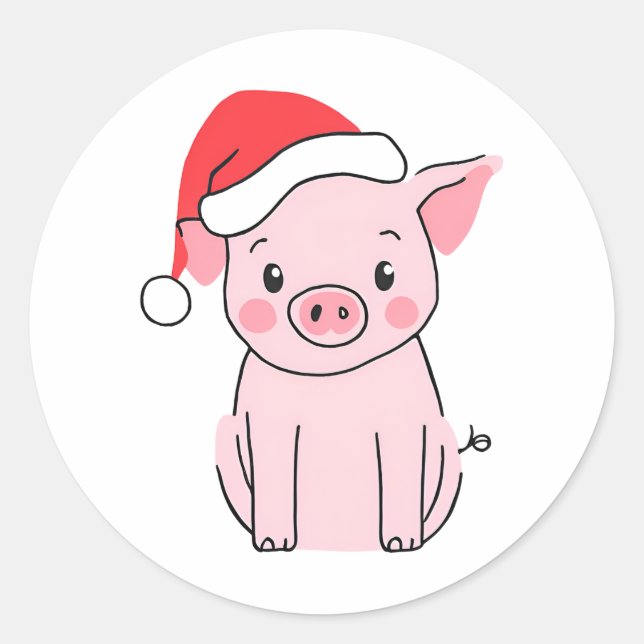 Holiday Christmas Pig with Santa Hat  Classic Round Sticker (Front)