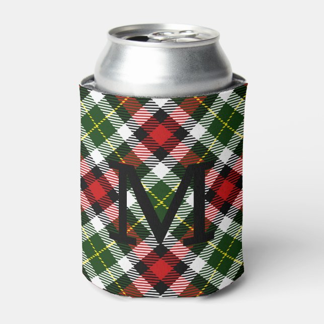 Holiday Christmas Plaid Family Monogram Initial Can Cooler (Can Front)