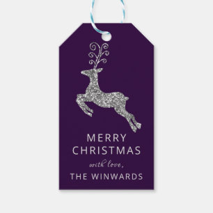 Holiday Christmas Purple & Silver Glitter Reindeer Gift Tags