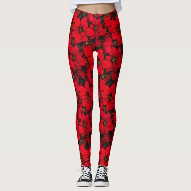 Holiday Christmas Red Flower Poinsettia Leggings (Front)