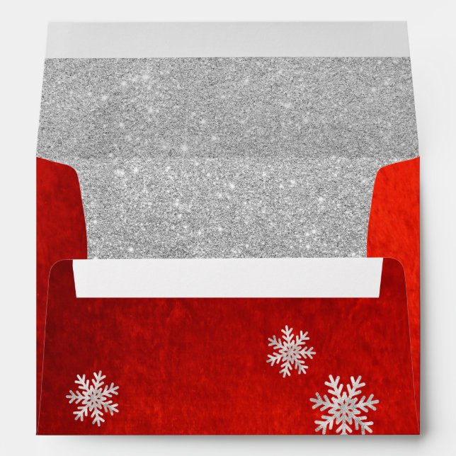 Holiday Christmas Red & Silver Glitter Snowflakes Envelope (Back (Bottom))