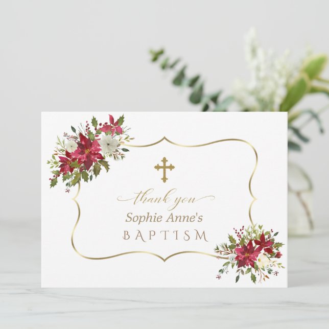 Holiday Christmas Red White Poinsettia Baptism Thank You Card (Standing Front)