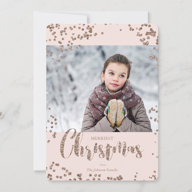 Holiday Christmas | Rose Gold Glitter | Photo Card (Front)