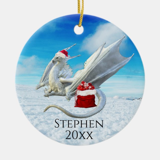 Holiday Christmas Santa Winter Dragon Ceramic Tree Decoration (Front)