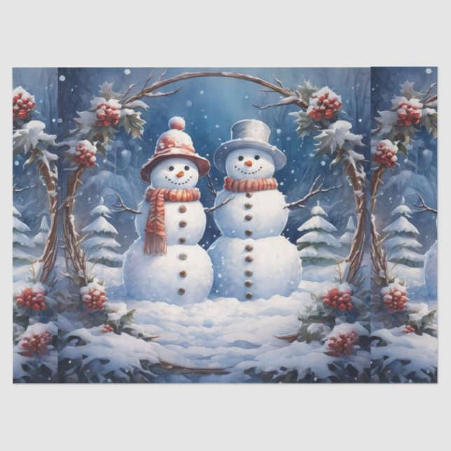 Holiday Christmas Snowman Couple Decoupage Tissue Paper (Front)