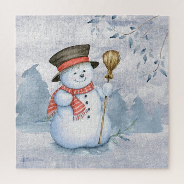 Holiday Christmas Snowman Watercolor Snow Jigsaw Puzzle (Vertical)