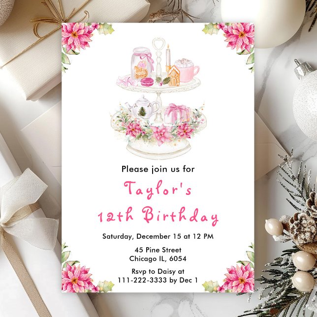Holiday Christmas Tea Birthday Party Pink Invitation (Creator Uploaded)